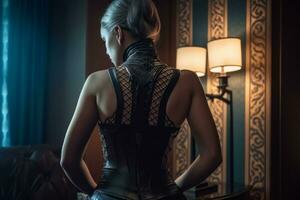 A gorgeous kink model wearing a latex bustier for a photo shoot in a hotel room. Generative AI