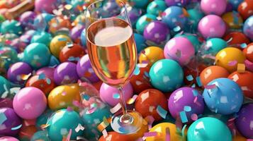 Some colorful balloons and champagne glasses. Concept Christmas and New Year holidays background. Generative AI photo