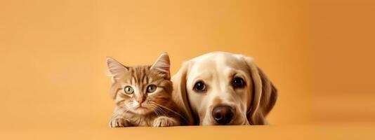 Cat and Dog in soft beige background banner with copy space. Generative AI photo