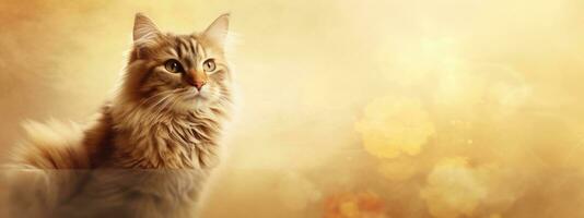 Cat in soft beige background banner with copy space. Generative AI photo