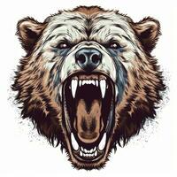 cerca arriba de un vector ilustración de un feroz oso, con agudo garras y dientes, capturado en medio rugido en blanco antecedentes. imprimible diseño para tatuaje, pared arte, carteles, camisetas generativo ai foto