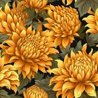 Seamless fabric pattern of colorful bright chrysanthemum flower. Design for paper, cover, fabric, interior decor, textile and other users. Generative AI photo