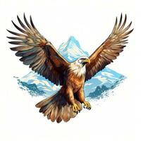 An vector illustration of a majestic eagle, soaring through the sky with its wings spread wide on white background. Printable design for tattoo, wall art, posters, t-shirts, mugs, cases. Generative AI photo