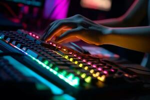 Close up on fingers working on a neon computer keyboard with colored backlighting. Computer video games, hacking, technology, internet concept. Generative AI photo