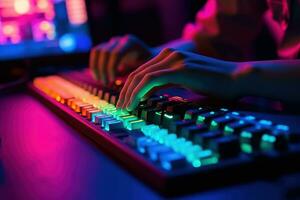 Close up on fingers working on a neon computer keyboard with colored backlighting. Computer video games, hacking, technology, internet concept. Generative AI photo