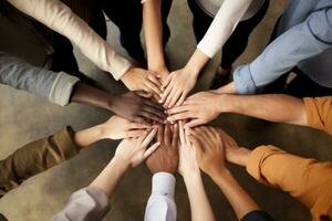 Multiethnic and multiracial diverse group of people holding hands and forming a circle. Generative Ai photo