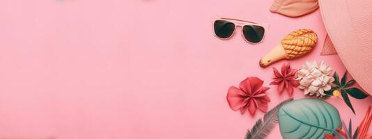 Beach Accessories on pink wooden table. Concept summer vacation. Web Banner Generative AI photo
