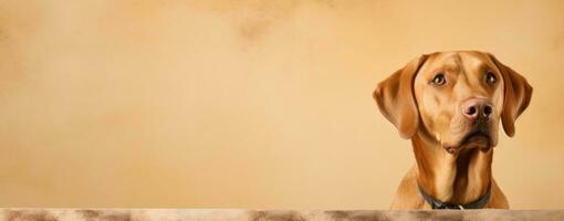 Dog in soft beige background banner with copy space. Generative AI photo