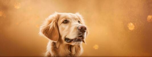 Dog in soft beige background banner with copy space. Generative AI photo