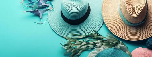 Beach Accessories on blue wooden table. Concept summer vacation. Web Banner Generative AI photo