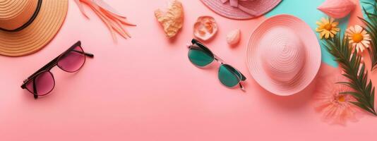 Beach Accessories on pink wooden table. Concept summer vacation. Web Banner Generative AI photo