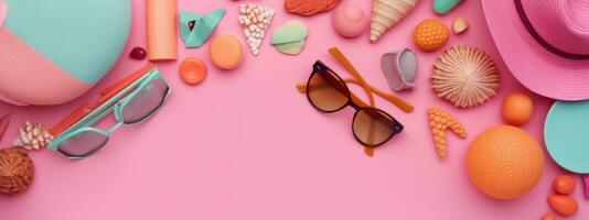 Beach Accessories on pink wooden table. Concept summer vacation. Web Banner Generative AI photo
