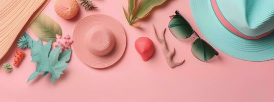 Beach Accessories on pink wooden table. Concept summer vacation. Web Banner Generative AI photo