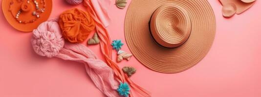 Beach Accessories on pink wooden table. Concept summer vacation. Web Banner Generative AI photo