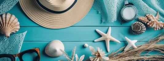 Beach Accessories on blue wooden table. Concept summer vacation. Web Banner Generative AI photo