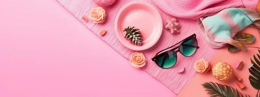 Beach Accessories on pink wooden table. Concept summer vacation. Web Banner Generative AI photo