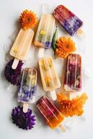Flat lay photo of frozen popsicles and colorful edible flowers on white background. Natural summer dessert. Generative Ai