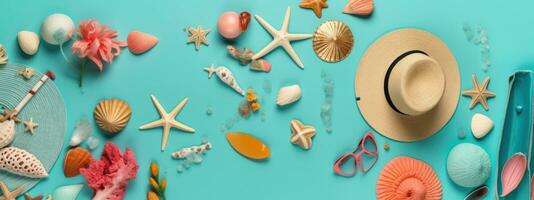 Beach Accessories on blue wooden table. Concept summer vacation. Web Banner Generative AI photo