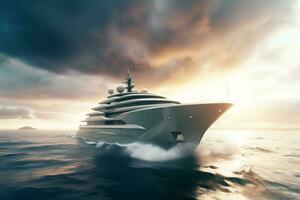 Front view of a dynamic image of super Yacht that run in the middle of the ocean. Generative AI photo