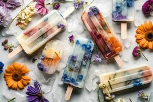 Flat lay photo of frozen popsicles and colorful edible flowers on white background. Natural summer dessert. Generative Ai