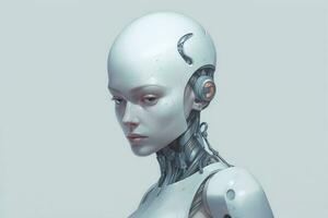The image depicts a female robot with a sleek, futuristic design. Her face is adorned with bright blue lights that add a touch of sci-fi flair to her otherwise minimalistic appearance. Generative AI photo