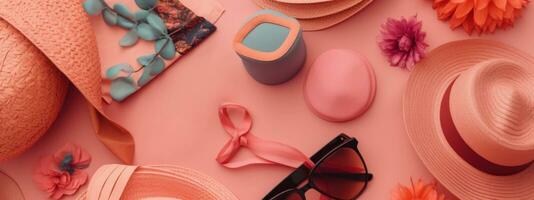 Beach Accessories on pink wooden table. Concept summer vacation. Web Banner Generative AI photo