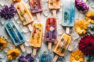 Flat lay photo of frozen popsicles and colorful edible flowers on white background. Natural summer dessert. Generative Ai