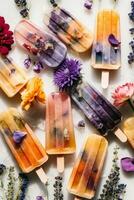 Flat lay photo of frozen popsicles and colorful edible flowers on white background. Natural summer dessert. Generative Ai