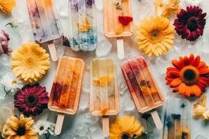 Flat lay photo of frozen popsicles and colorful edible flowers on white background. Natural summer dessert. Generative Ai