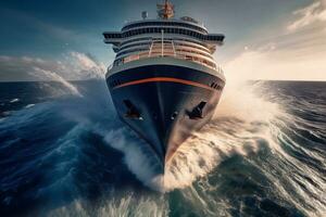 un dinámica imagen de el arco de un crucero Embarcacion corte mediante ondas, capturar el poder y movimiento de el Embarcacion como eso arados mediante el mar. generativo ai foto