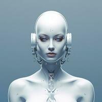 The image depicts a female robot with a sleek, futuristic design. Her face is adorned with bright blue lights that add a touch of sci-fi flair to her otherwise minimalistic appearance. Generative AI photo