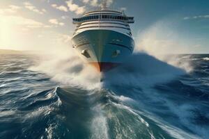 A dynamic image of the bow of a cruise ship cutting through waves, capturing the power and motion of the ship as it plows through the sea. Generative Ai photo