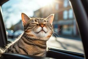 Happy cat with head out of the car window having fun. Generative AI photo
