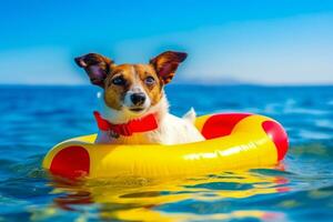 Dog on a mattress enjoying in the ocean water, Concept summer vacation holidays. Generative AI photo