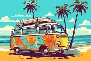 Hippie pattern colored car van for summer holidays near white sand beach with palms and sea. Generative Ai photo