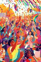 Ilustracion de un temática de orgullo al aire libre música festival, con personas baile, disfrutando En Vivo actuaciones, y celebrando diversidad. generativo ai foto