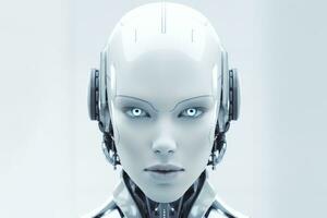 White robot with a smooth and polished exterior stands in the center of the image. Its blue eyes are the focal point of the image, reflecting a sense of intelligence and awareness. Generative AI photo