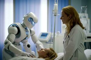 The image depicts a hospital room where a woman is lying in bed with a medic robot by her side. The room is spacious, with white walls and medical equipment visible in the background. Generative AI photo