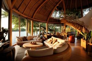 Luxury waterfront bamboo bungalow interior. Generative AI photo