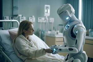 The image depicts a hospital room where a woman is lying in bed with a medic robot by her side. The room is spacious, with white walls and medical equipment visible in the background. Generative AI photo