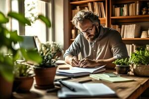 A person sitting at a desk, surrounded by tax documents and a calculator.Concept representing the growth and progress that can come from successful tax planning. Generative AI photo