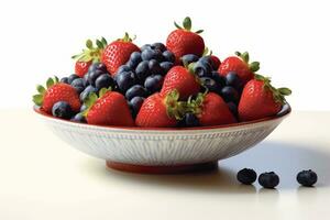 Freshly picked berries, including strawberries, blueberries, raspberries, and blackberries, presented in a visually appealing manner on a clean white surface, ideal for advertisements. Generative AI photo