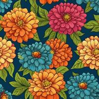 Seamless fabric pattern of colorful bright zinnias flower. Design for paper, cover, fabric, interior decor, textile and other users. Generative AI photo