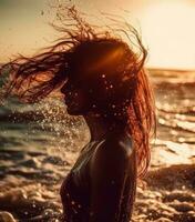 A girl splashing water on her body and face in water at sunset during summer vacation. Healthy happiness lifestyle. Generative AI photo