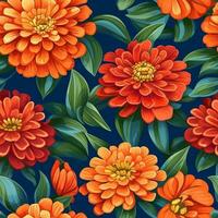 Seamless fabric pattern of colorful bright zinnias flower. Design for paper, cover, fabric, interior decor, textile and other users. Generative AI photo