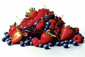 Freshly picked berries, including strawberries, blueberries, raspberries, and blackberries, presented in a visually appealing manner on a clean white surface, ideal for advertisements. Generative AI photo