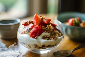 A beautifully arranged bowl of Greek yogurt topped with fresh strawberries, granola, and a drizzle of honey, illustrating a nutritious and delicious way to start the day. Generative AI photo