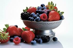 Freshly picked berries, including strawberries, blueberries, raspberries, and blackberries, presented in a visually appealing manner on a clean white surface, ideal for advertisements. Generative AI photo