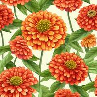 Seamless fabric pattern of colorful bright zinnias flower. Design for paper, cover, fabric, interior decor, textile and other users. Generative AI photo