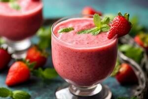 Refreshing strawberry smoothie in a glass, surrounded by whole strawberries and mint leaves, inspiring a healthy and tasty lifestyle. Generative Ai photo